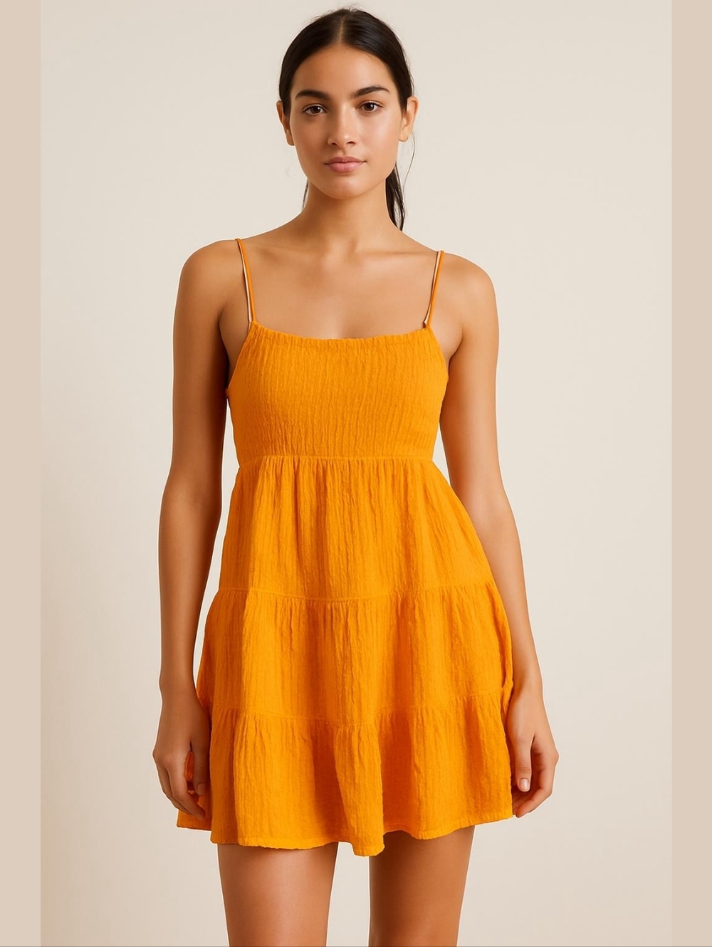 ZARA Orange Strappy Cotton Tiered Mini Dress